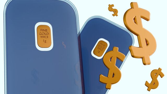 A 3D render of gold "CertiCards" or sealed assay packages features floating, glossy gold dollar signs scattered across the foreground and background.