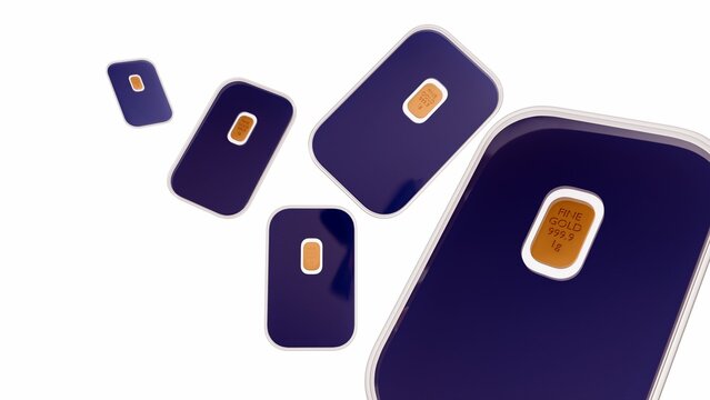 A 3D render of a "Gold Certificate Card" or "CertiCard": gold bars sealed in a credit card-sized assay package that acts as a Certificate of Authenticity.