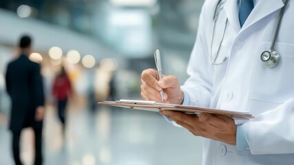 A doctor in a white coat writes notes on a clipboard in a modern hospital environment. The medical professional is focused on healthcare documentation and patient care responsibilities - Powered by Adobe