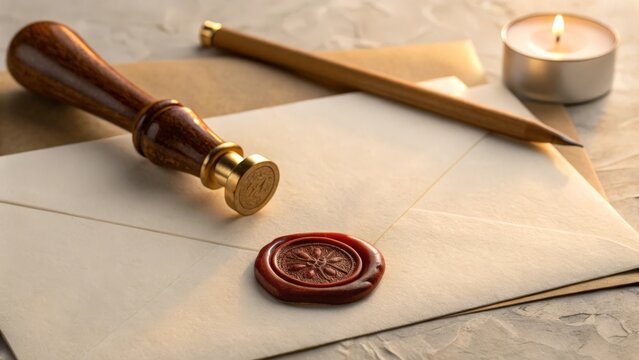Close up of wax seal tool and brown letter on surface