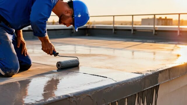 Contractor applying liquid waterproof coating on a rooftop deck to prevent water leakage and protect building structure from moisture damage.