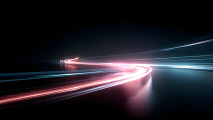 Dynamic pink and blue light trails on a dark reflective surface representing speed and futuristic movement.