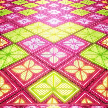 Brightly illuminated pink and lime green diamond patterned tiles creating a vibrant geometric floor texture