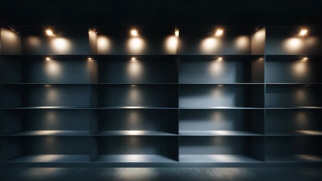Illuminated shelves stretch across the dark wall, casting soft light that highlights the sleek surfaces. The absence of objects creates an airy feel, inviting imagination and possi