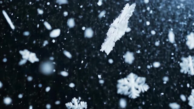 Macro shot of real snowflakes falling against a dark background, showcasing intricate ice crystal patterns and the beauty of winter.
