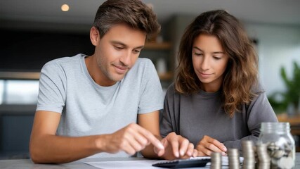 Young couple sitting at a table together, analyzing finances and planning their budget with focus and teamwork. Modern home environment highlights responsible money management and partnership - Powered by Adobe