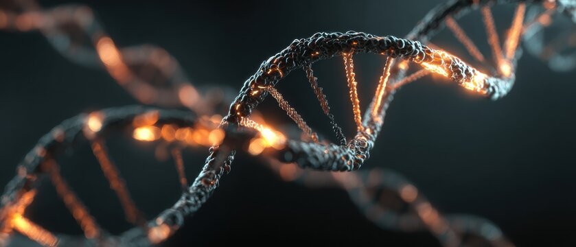 Futuristic glowing DNA double helix model with illuminated strands and detailed molecular structure