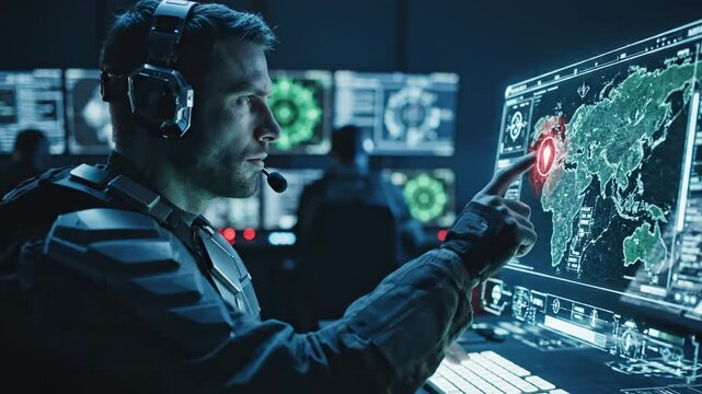 Military personnel operates advanced digital command center with precision. technological excellence in modern defense strategy.