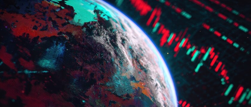 Futuristic Digital Globe with Data Visualization and Stock Market Graphs - Powered by Adobe