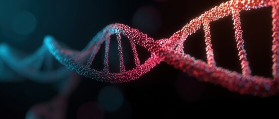 Close-up of a glowing DNA double helix structure with vibrant pink and blue colors