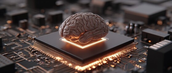 Futuristic Computer Chip with Brain Model Symbolizing Artificial Intelligence Technology
