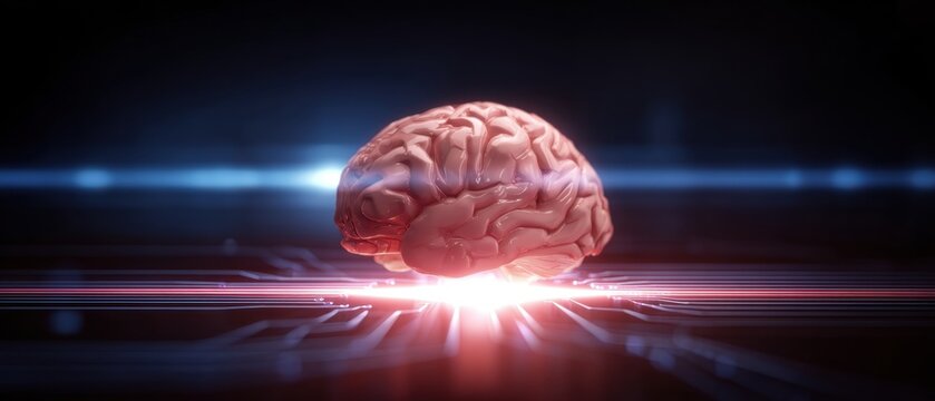 Futuristic Digital Brain Model with Glowing Neural Connections and Light Effects
