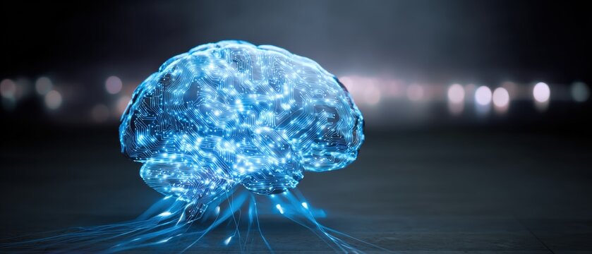 Futuristic Digital Brain Illustration with Neural Network Visuals and Glowing Circuitry
