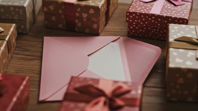 Open pink envelope with card surrounded by gift boxes on wooden table