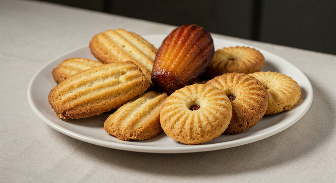 A refined display of French cookies such as sabl&eacute;s, langues de chat, and florentines on a white porcelain plate.