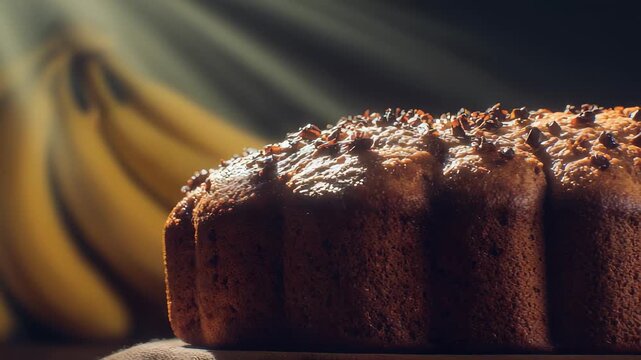 A delicious loaf of banana bread sits invitingly, topped with a glistening layer of chocolate chips. The ripe yellow bananas in the background complement the sweet aroma emanating