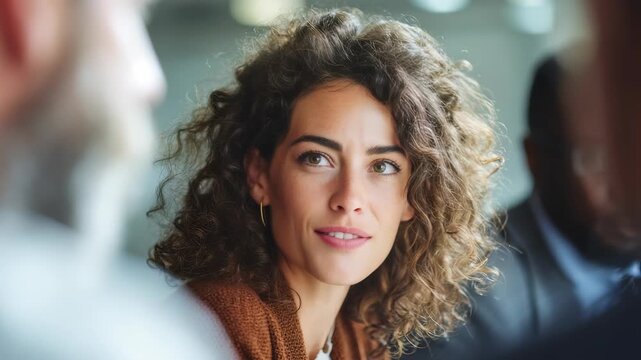 Confident young woman with curly hair attentively listens during a business meeting in a modern office setting. Natural light highlights her thoughtful expression and professional demeanor