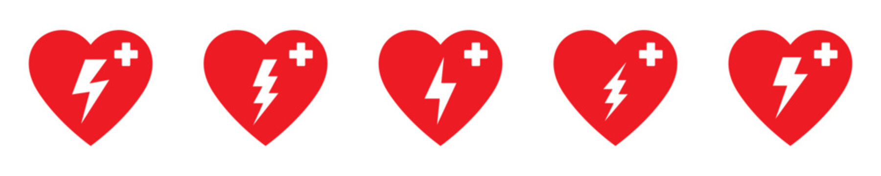 AED icon, automated external defibrillator, aed sign with heart and electricity symbol set.