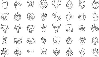Animal faces and paw prints outline icons wildlife © Mother Of Mahofuj