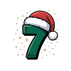 A large, green letter 7 is topped with a red and white Santa hat, surrounded by festive star motifs.