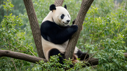 Fototapeta premium Giant panda sitting in a tree surrounded by lush green foliage bear animal