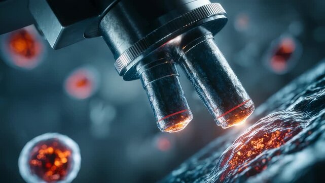 Close up view of microscope lenses examining biological cells, highlighting scientific research and innovation. Advanced technology enables detailed cellular analysis in modern laboratories