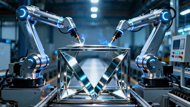 Medium shot of robotic arms seamlessly assembling a metallic frame highlighting precision engineering in automated manufacturing environments.