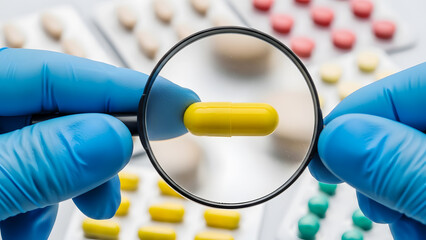 Hands in blue gloves holding a magnifying glass over a yellow capsule pill with blister packs of pills in the background
