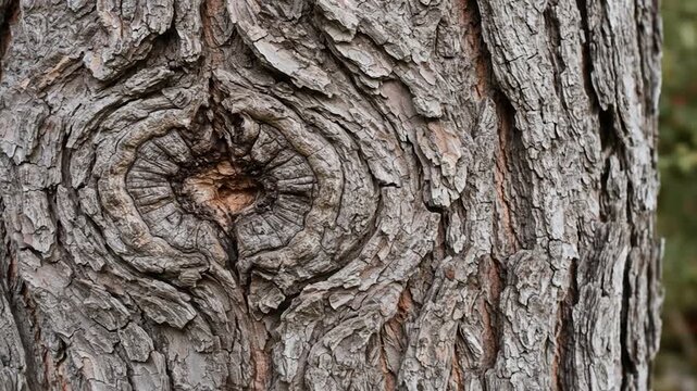 Close-up of textured bark with a knot, showing natural patterns and muted background for design
