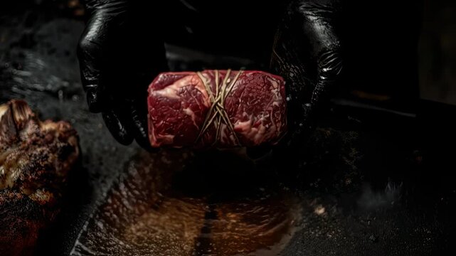 Preparing a Delicious Prime Cut: Hands in Gloves Holding Juicy Beef Steak, Grilling Master