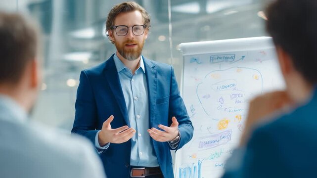 Confident businessman in a blue suit presenting business strategy to colleagues during a team meeting in a modern office. Professional leader explaining ideas on a flipchart with diagrams