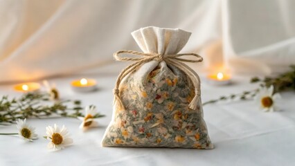 A close up of a herbal sachet tied with twine