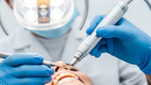 Dental procedure - Dentist examining patients teeth with tools.