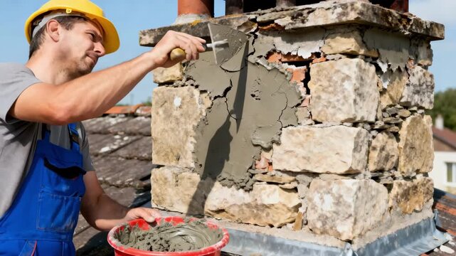 Construction worker mixing mortar in a bucket next to a stone chimney damaged by weather performing patch repairs efficiently.