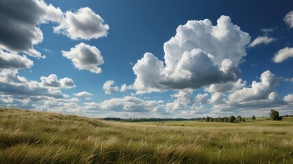 Expansive Landscape with Dramatic Clouds and Golden Field Under Bright Sky