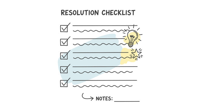 A hand-drawn resolution checklist with checked items, a lightbulb for ideas, and a starburst for achievement, accompanied by a notes section.