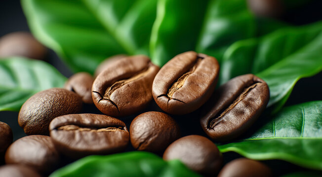 Freshly roasted coffee beans resting on vibrant green coffee leaves, showcasing rich textures and colors, perfect for coffee enthusiasts and culinary presentations