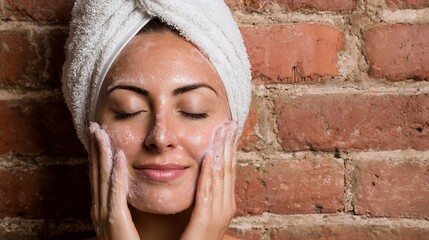 Relaxed Young Woman Washing Face with Foam in Spa Setting