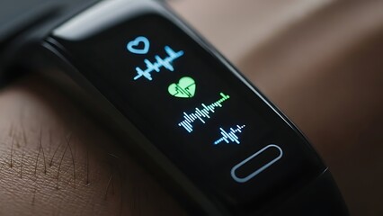 Close-up of a Fitness Tracker Displaying Heart Rate Data.