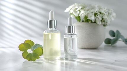 Serum Dropper Bottles with Green Leaves and White Flower in Pot on Marble Surface