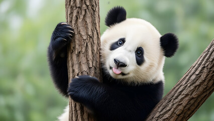 Obraz premium Playful giant panda cub clinging to a tree trunk with its tongue sticking out bear animal