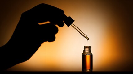 Silhouette Hand Dropping Dropper Into Amber Glass Bottle in Warm Backlit Scene