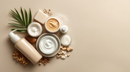 Skincare Products Arrangement with Natural Elements on Light Beige Background