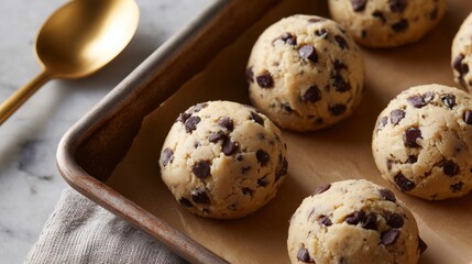 Overhead view of uniform balls of raw chocolate chip cookie dough arranged on a parchment-lined baking sheet, ready for the oven.