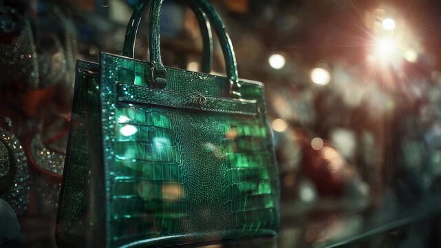A stunning green handbag glistens under bright lights, showcasing its glossy finish and intricate texture. The luxurious handbag attracts attention with its unique design and elega
