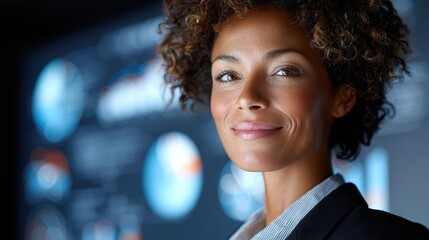 Confident Business Woman. Financial Data & Analytics Stock Photo, African american, Leadership