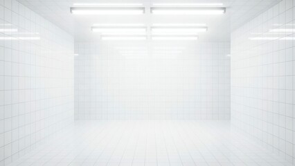 Fototapeta premium Empty White Tiled Room Background - Liminal Space Sterile Interior with Fluorescent Lights