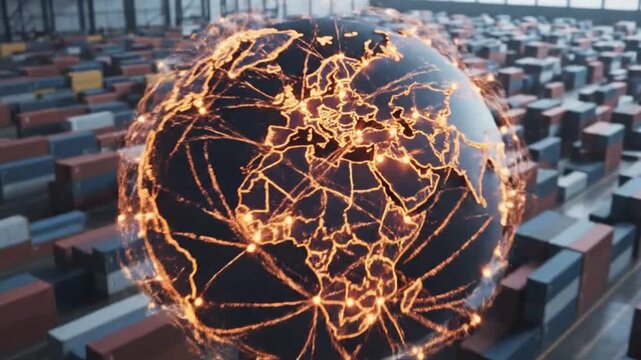 Glowing digital globe with network connections superimposes a vast container shipping terminal, representing global logistics, interconnected trade, and supply chain technology