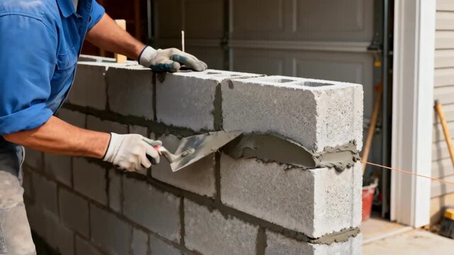 Medium shot of a skilled worker applying fresh mortar between cinder blocks to reinforce a garage walls stability and durability.