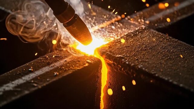 Industrial welder at work: Extreme close-up slow motion of arc welding process